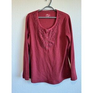 Bob Timberlake Women's Red Henley Waffle Knit Top Embroidered Thermal XL